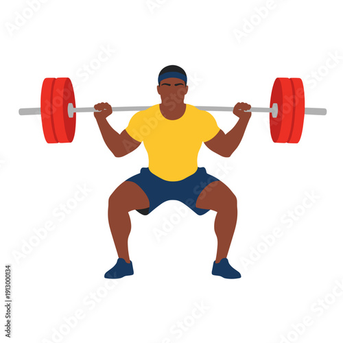 strong man barbell squat, high bar squat exercise, weightlifting workout scene, bending knees squat form, strength training concept, gym fitness routine, heavy barbell lift, muscular athlete training,