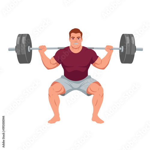strong man barbell squat, high bar squat exercise, weightlifting workout scene, bending knees squat form, strength training concept, gym fitness routine, heavy barbell lift, muscular athlete training,