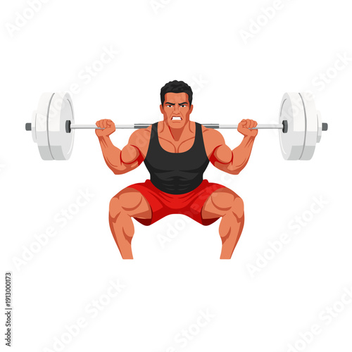 strong man barbell squat, high bar squat exercise, weightlifting workout scene, bending knees squat form, strength training concept, gym fitness routine, heavy barbell lift, muscular athlete training,