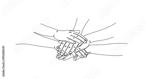 Teamwork and unity, hands stacked together, line drawing