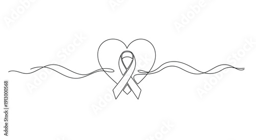 Heart with cancer ribbon and wavy lines, continuous line art