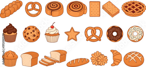 Bakery dessert Premium icon pack. Bread, donut, cupcake and cookie collection. Cartoon pastry and sweet snack vector illustration set.