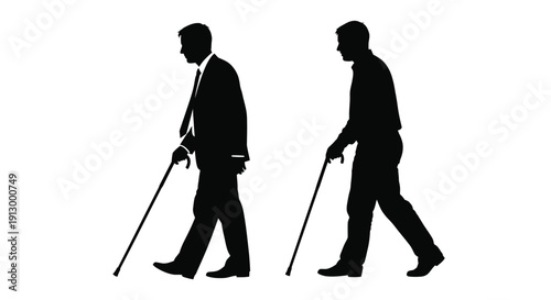 Two black silhouettes of men walking while using a cane for mobility support