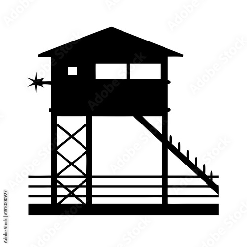 Modern lifeguard tower with starburst light on stilts overlooking ocean