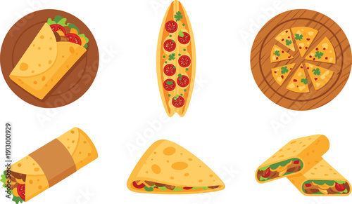 Italian and Mexican fast food set. Pizza, burrito and taco collection. Sliced pie and tortilla wraps. Colorful street food vector illustration pack.