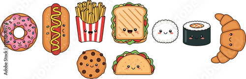 kawaii fast food characters set. Donut, hot dog, fries and sushi mascots. Smiling sandwich, taco and croissant. Adorable cartoon food vector pack.