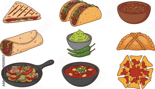 Mexican food dishes collection set. Tacos, burrito, guacamole and nachos. Traditional Latin street cuisine assortment. Colorful food vector illustration pack.