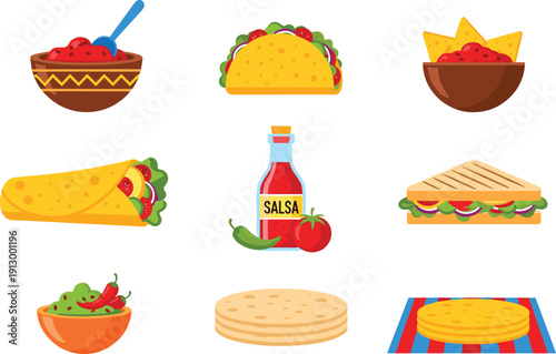 Mexican food icon set. Taco, burrito, nachos and salsa bottle. Tortilla stack and grilled sandwich. Colorful street cuisine vector illustration pack.