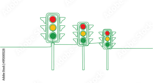 Three traffic lights, changing lights, single line drawing