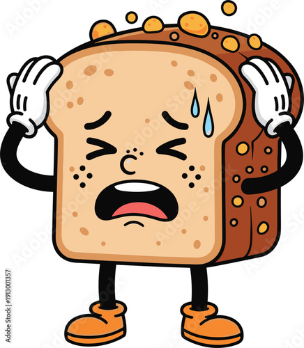 Funny cartoon sliced bread character with a stressed expression holding its head and sweating for bakery humor health or diet stickers.