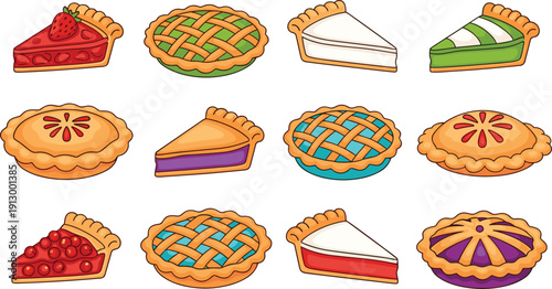 pie slices collection. Sweet bakery dessert icons set. Strawberry, cherry, cream and fruit lattice pies. Colorful pastry vector illustration pack.
