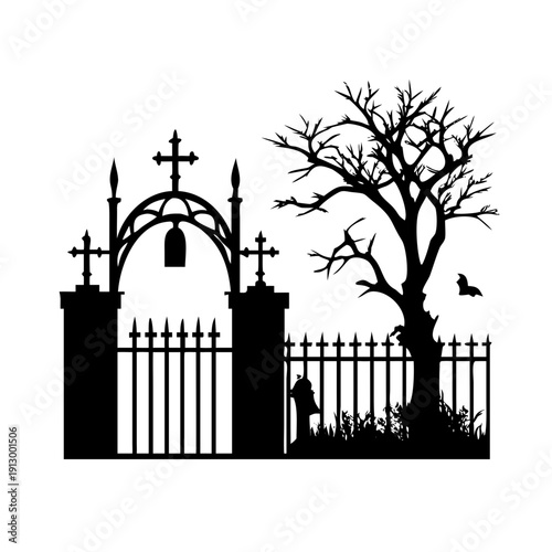 Spooky graveyard entrance with creepy tree and eerie fence at night
