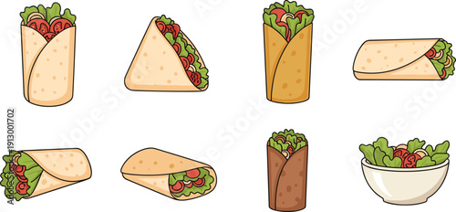 Wrap sandwich and burrito collection set. Fresh tortilla rolls and tacos. Healthy fast food with vegetables and meat. Colorful street food vector illustration pack.