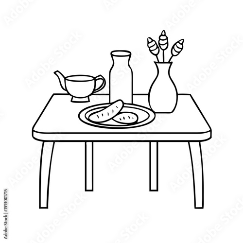 Simple still life with bread plate and tea on table