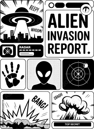 Alien Invasion Report Comic Infographic with UFO and Extraterrestrial Elements