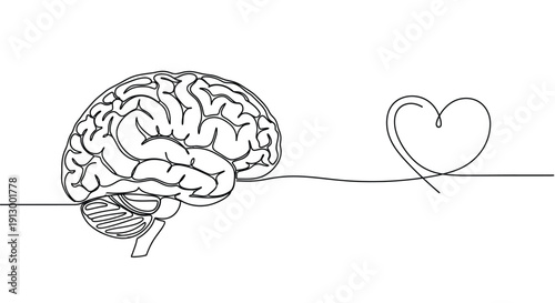 Brain and heart connected by line, mind and emotion concept, single line art
