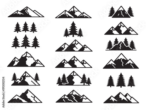 Majestic mountain trees collection with stunning alpine forest silhouette shapes