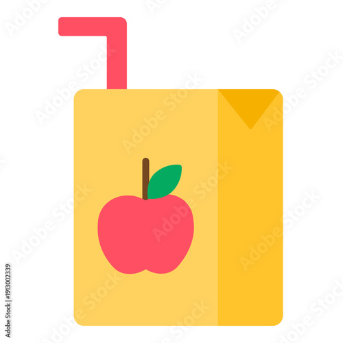 Flat illustration of an apple juice carton with apple graphic label. Perfect for kids beverages, grocery themes, healthy drink visuals, and packaging designs.