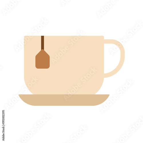 Flat illustration of a hot tea cup with visible tea bag tag. Ideal for café menus, relaxation themes, beverage graphics, and cozy drink visuals.