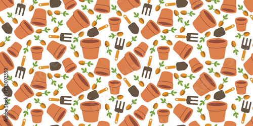 Seamless pattern with seedling pots, shovels, rakes and sprouted seeds on white background. Repeating vector illustration for textile print and gardening themed design.