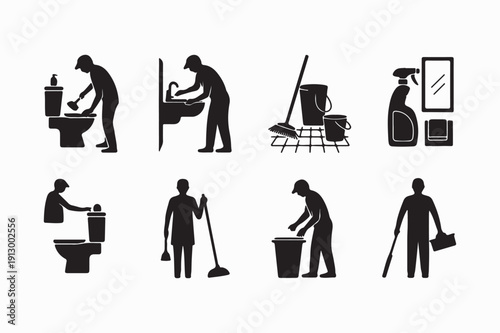 Washroom Cleaning Maintenance Silhouette Icon Set