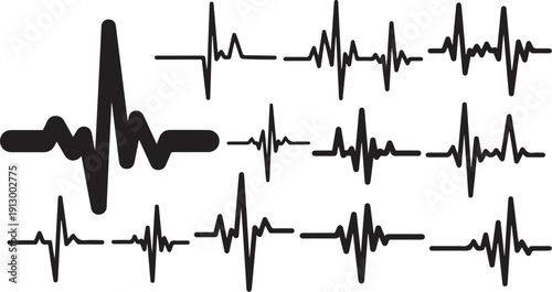 Collection of various black ECG heartbeat line graphs