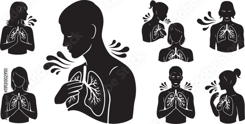 Black silhouettes of people with lung pain and breathing issues