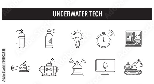 Underwater technology icons including scuba gear, submarine, and underwater mining equipment.