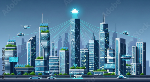 Futuristic cityscape with sleek skyscrapers flying cars and a connected cloud network depicting a high tech urban landscape