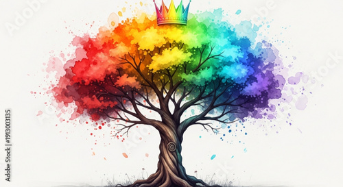 Vibrant rainbow tree with crown symbolizing diversity and freedom on white background