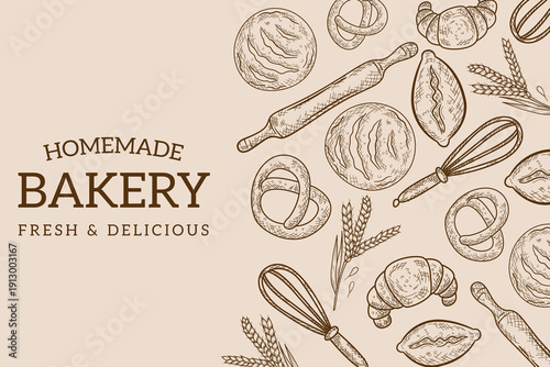 Homemade bakery banner featuring bread croissant pretzel whisk rolling pin and wheat in hand drawn vintage sketch style perfect for cafe branding and food promotion illustration style