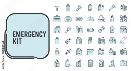 Emergency kit icons with various supplies and equipment for disaster preparedness and response