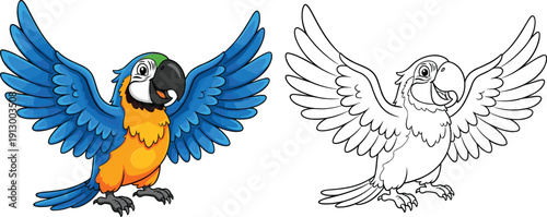 Cartoon Parrot Character Vector Illustration with Color and Outline Versions for Kids Coloring Books, Tropical Education, Mascots, and Fun Design Projects