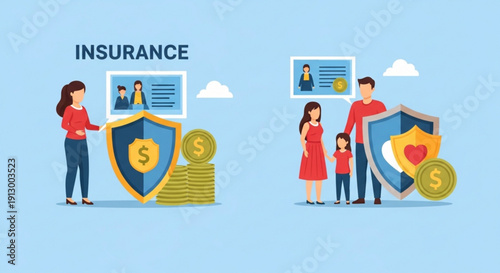Family and individual insurance protection concept with shield and money