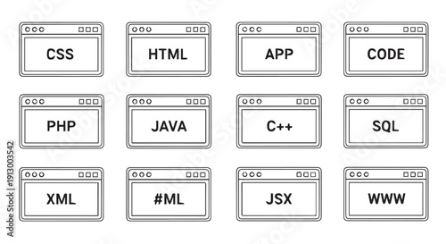 Set of web and app development programming language browser window icons, including CSS, HTML, APP, CODE, PHP, JAVA, C++, SQL, XML, ML, JSX, and WWW.