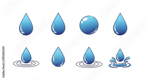 Collection of realistic blue water droplets on white background various shapes and sizes ripples and splashes