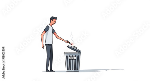 Man throwing hot cigarette into trash can on white background symbolizing quitting smoking or disposal