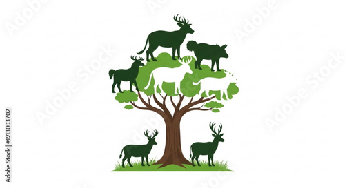 Animals standing around and on a tree with green leaves on a plain background