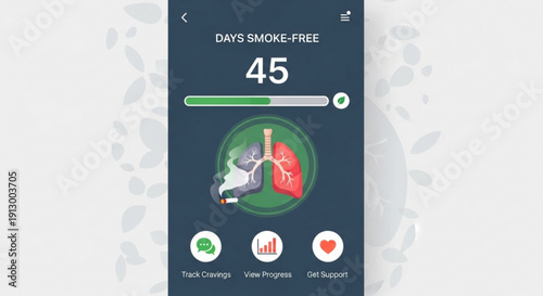 Mobile app screen displaying 45 days smoke free with lung health tracker and progress bar