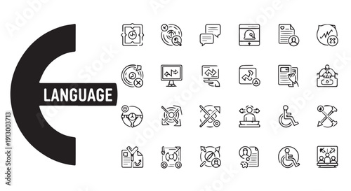 A collection of 25 line icons related to language, communication, and accessibility on a white background.