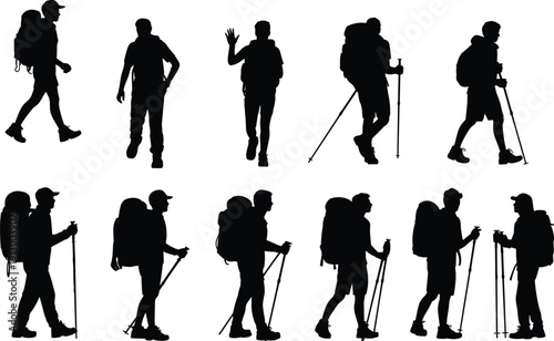Black silhouettes of hikers with backpacks and trekking poles walking isolated on white background representing adventure, travel and exploration