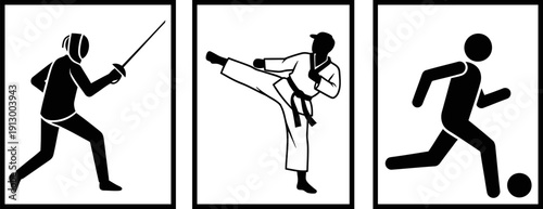 Set of dynamic sports silhouettes featuring fencer, karate and soccer players in action