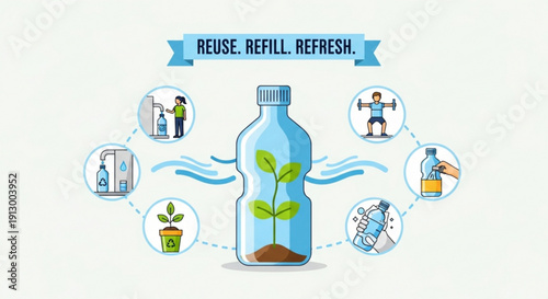 Plastic water bottle with green plant growing inside surrounded by eco friendly reuse and recycle icons promoting sustainability and refreshment