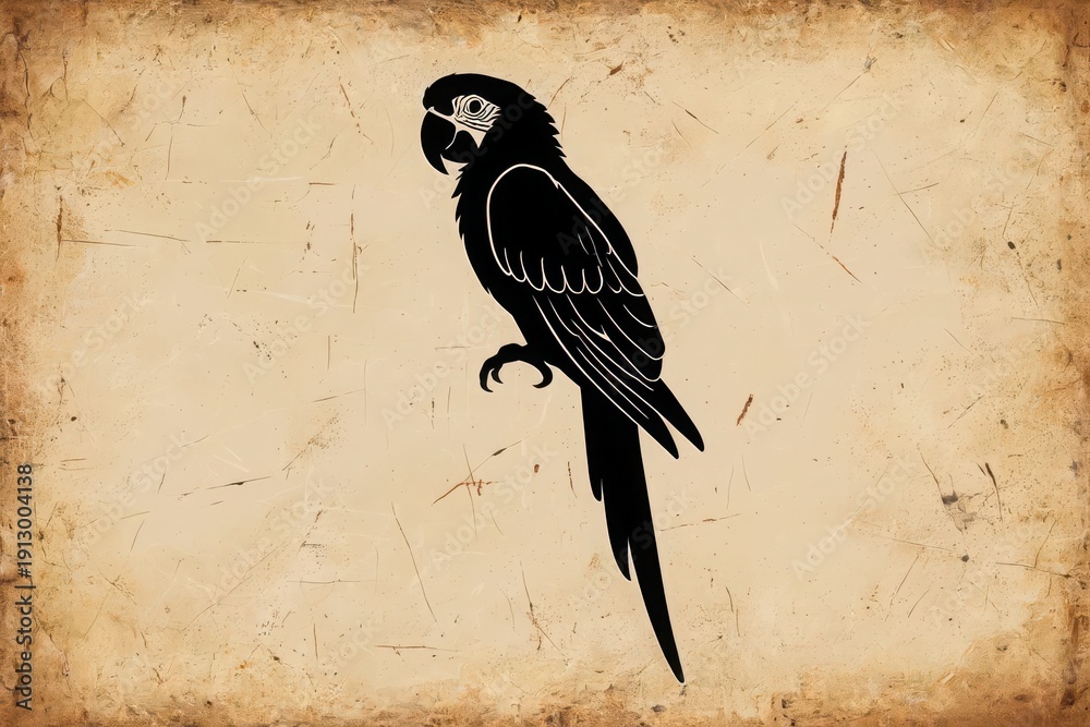 Fototapeta premium Elegant black parrot silhouette standing on a textured background