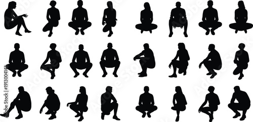 Collection of sitting and squatting people silhouettes isolated on white background representing casual poses, meditation and everyday body language