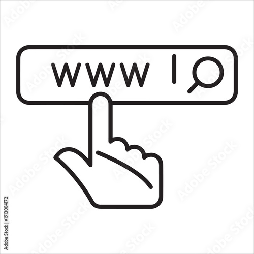 Hand cursor clicking on an internet search bar with www and a magnifying glass icon