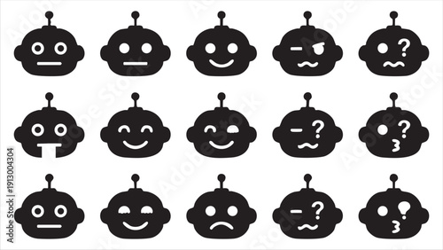 Set of black and white robot head icons with various facial expressions and emotions