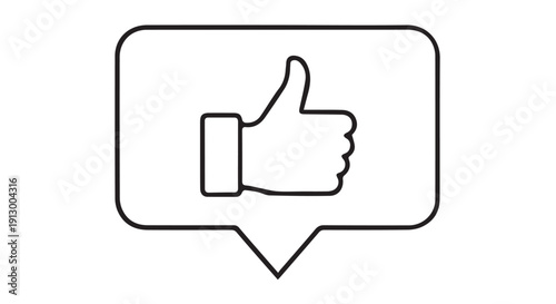 A black line drawing of a thumbs up in a speech bubble, symbolizing approval and positive feedback in digital communication.
