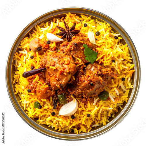 Overhead View of Delicious Chicken Biryani with Spices and Garlic in a Bowl
