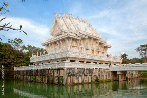 Wat Kanan white temple in Phuket, Thailand. New Buddhist temple in Phuket, located in Thalang. Tourist attractions in Thailand.